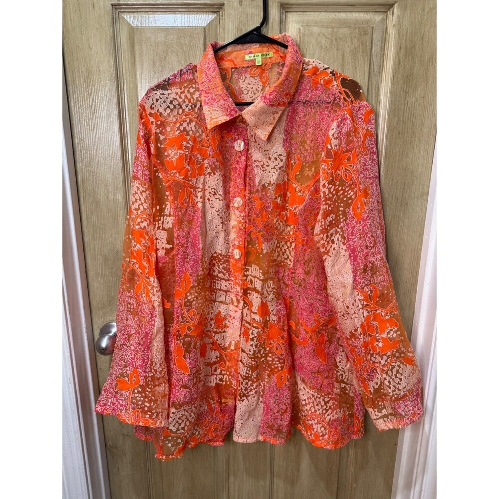 Trisha Tyler Blouse Womens XL Orange Pink Floral Abstract Sheer Button Up Shirt